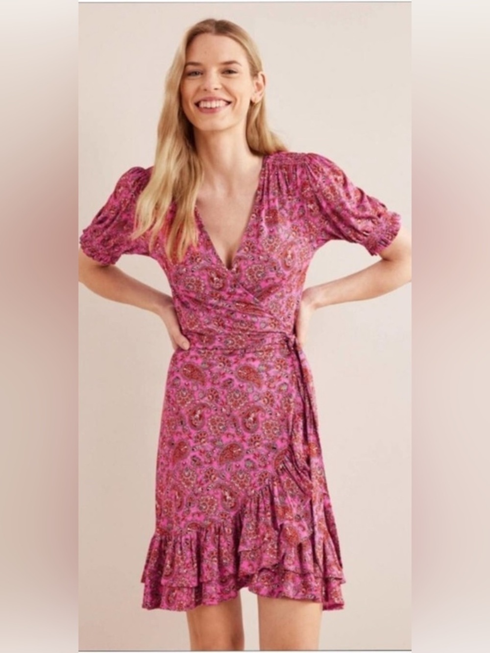 Boden Carmine Rose Paisley Terrace ruffle wrap jersey mini dress 8